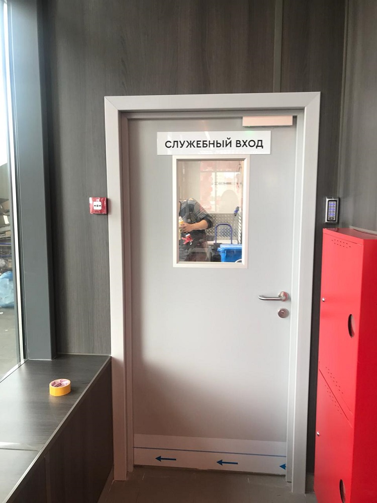 Пластиковая дверь со стеклом RAL 7035 с отбойной пластиной из нержавеющей стали