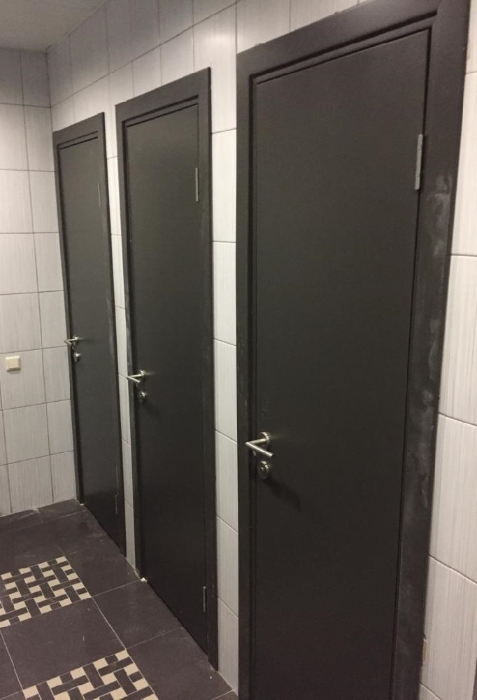 Деревянные крашенные двери RAL 7024 с фурнитурой из нержавеющей стали
